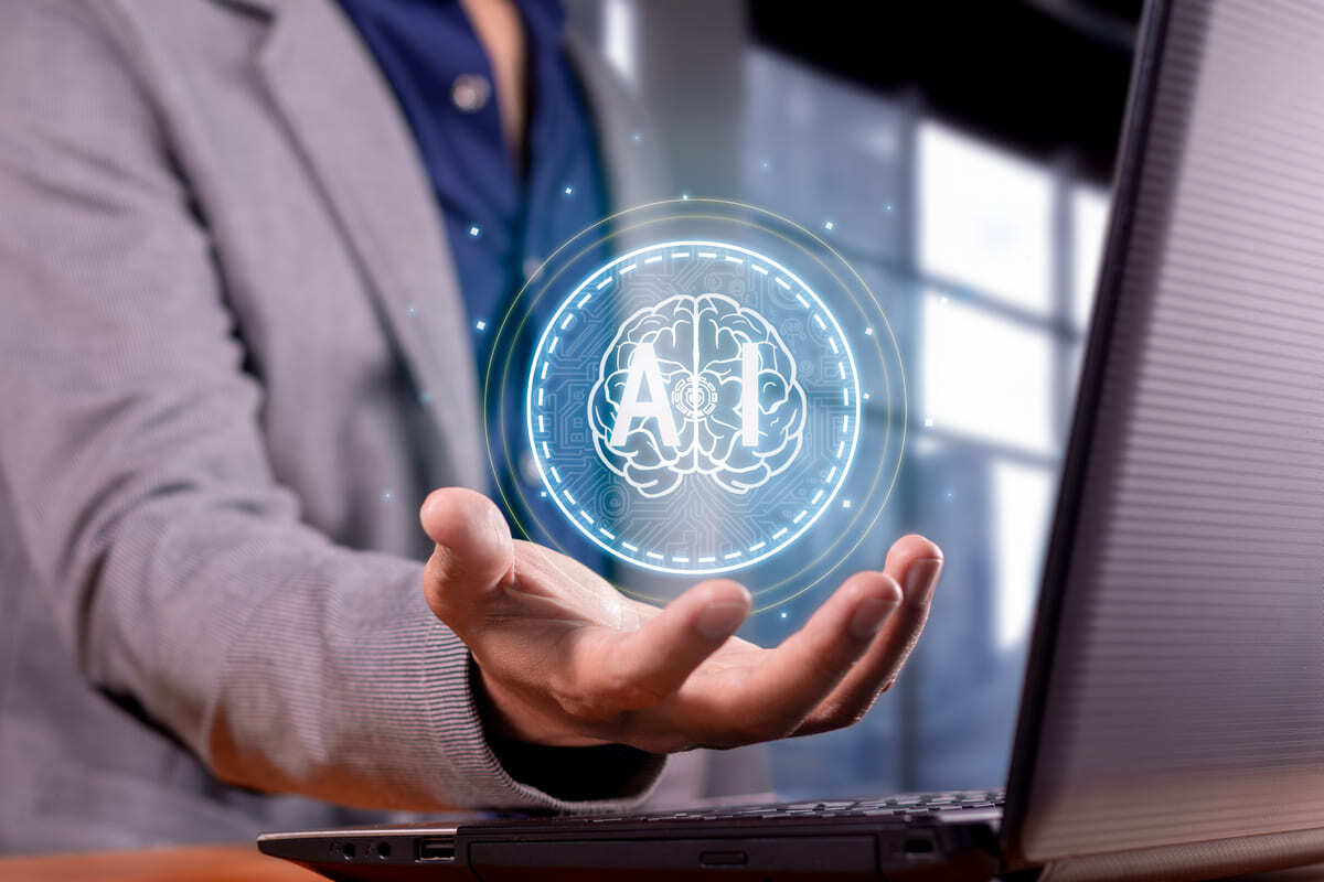 A man with his hand out and an icon that says AI