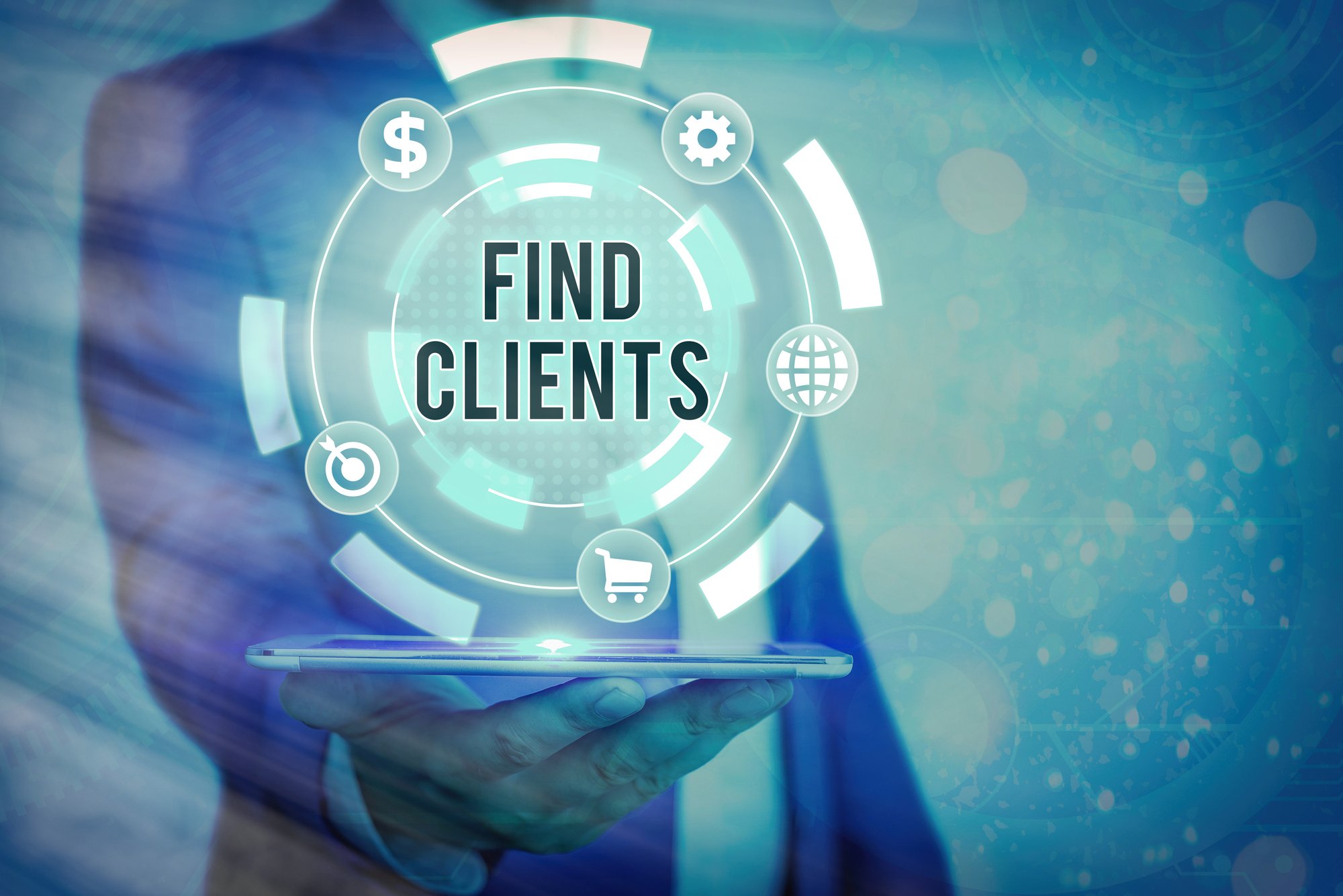 Hologram concept find clients is spelled out flaoting