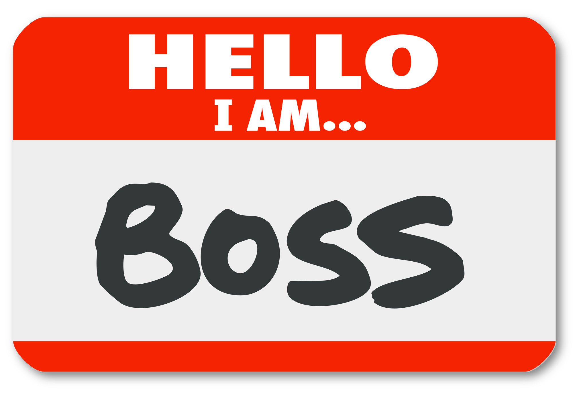 Name tag sticker with hello I am boss written on it