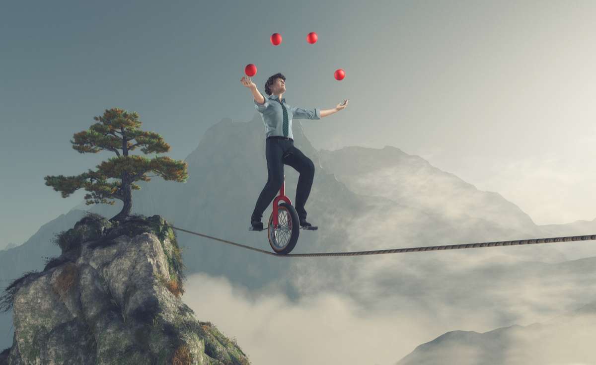 Illustration of a man riding a unicycle on  rope while juggling