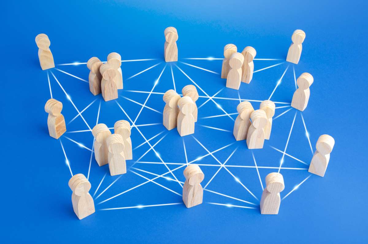 People icons connected by many lines, property management training and structure concept. 