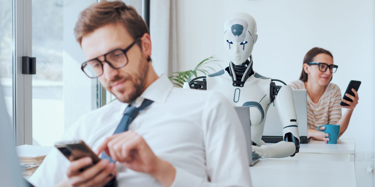 Efficient AI robot working and lazy employees
