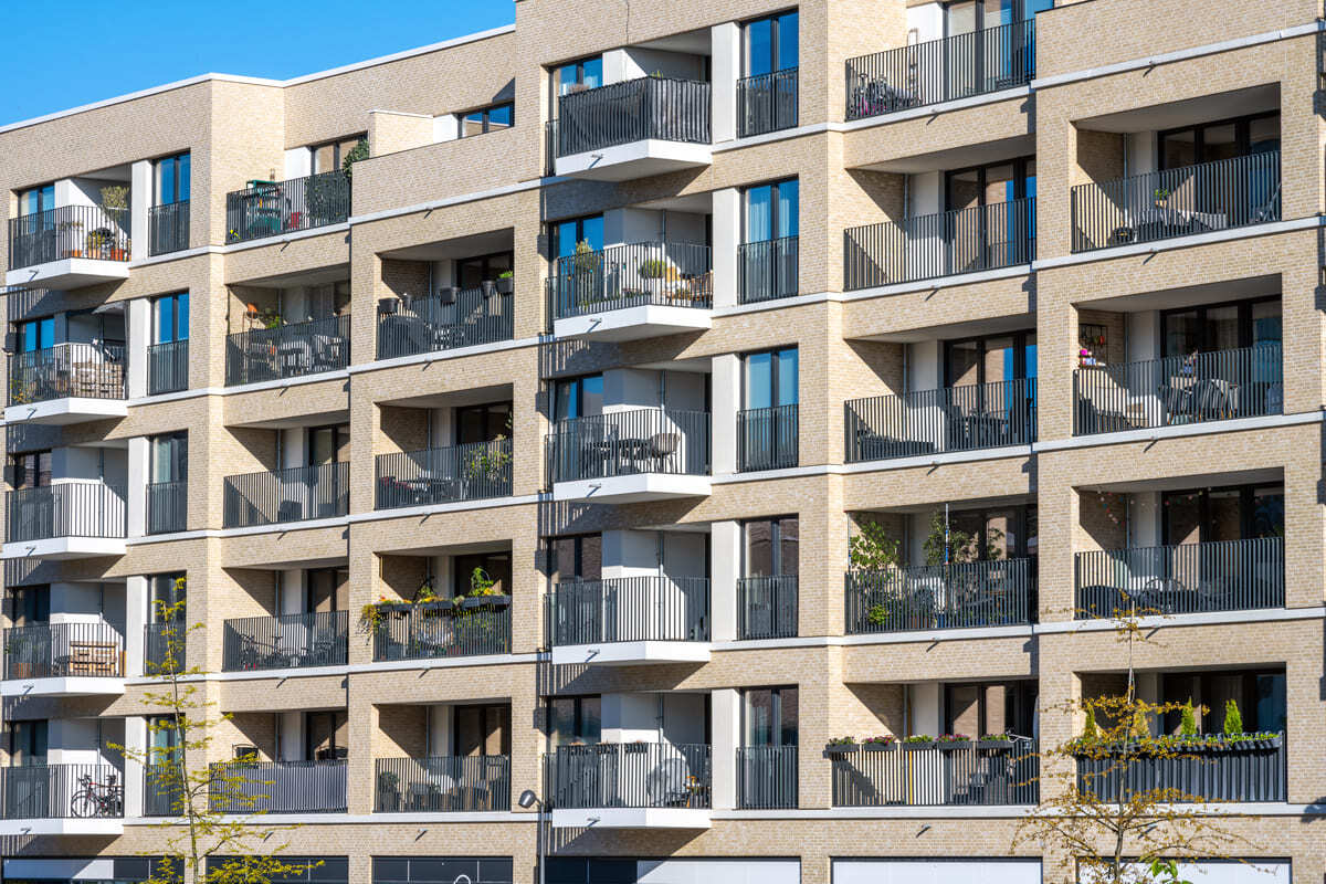 The facade of a multifamily building